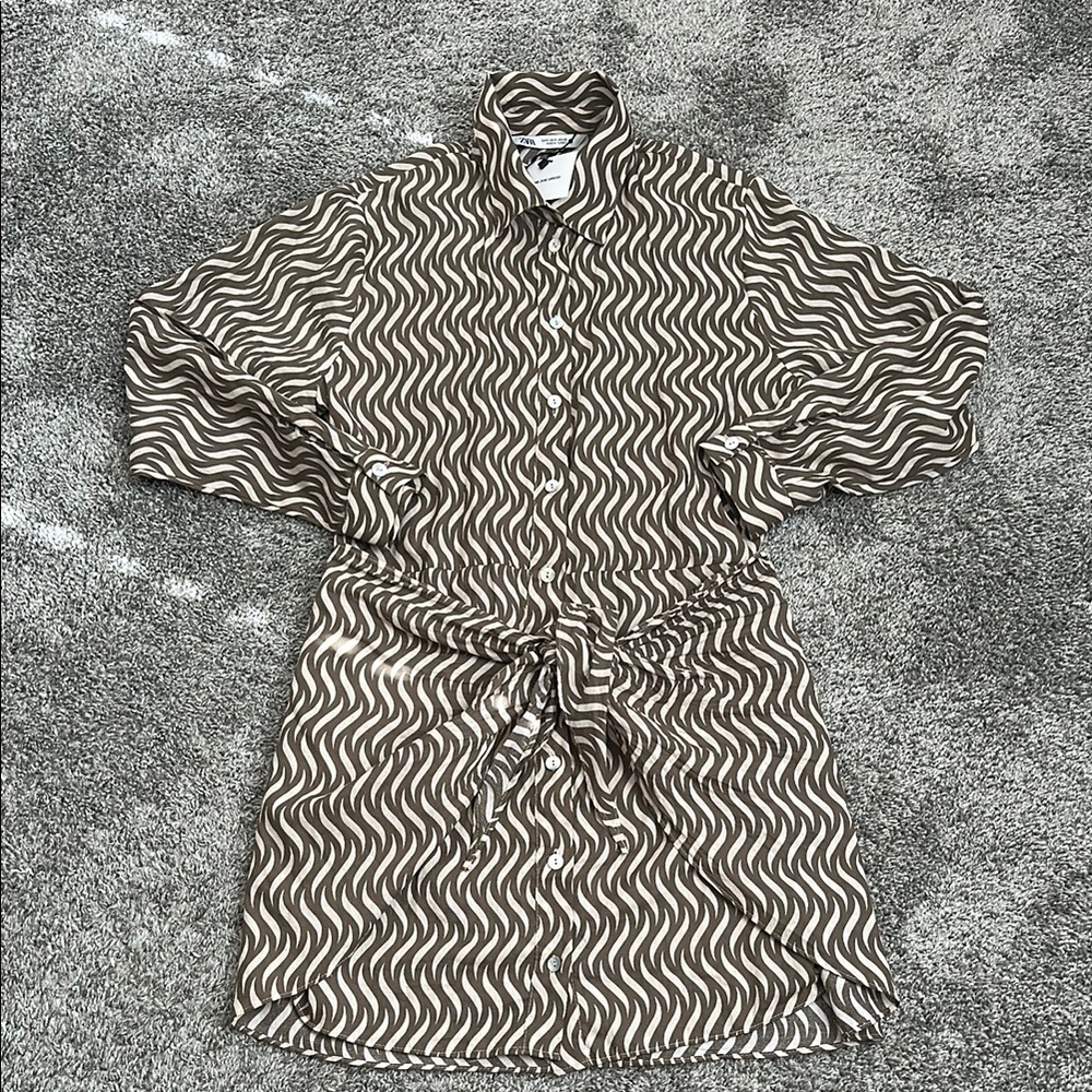 ZARA THE ZOE DRESSS Brown and White Patterned Shirt Dress NWT SZ S